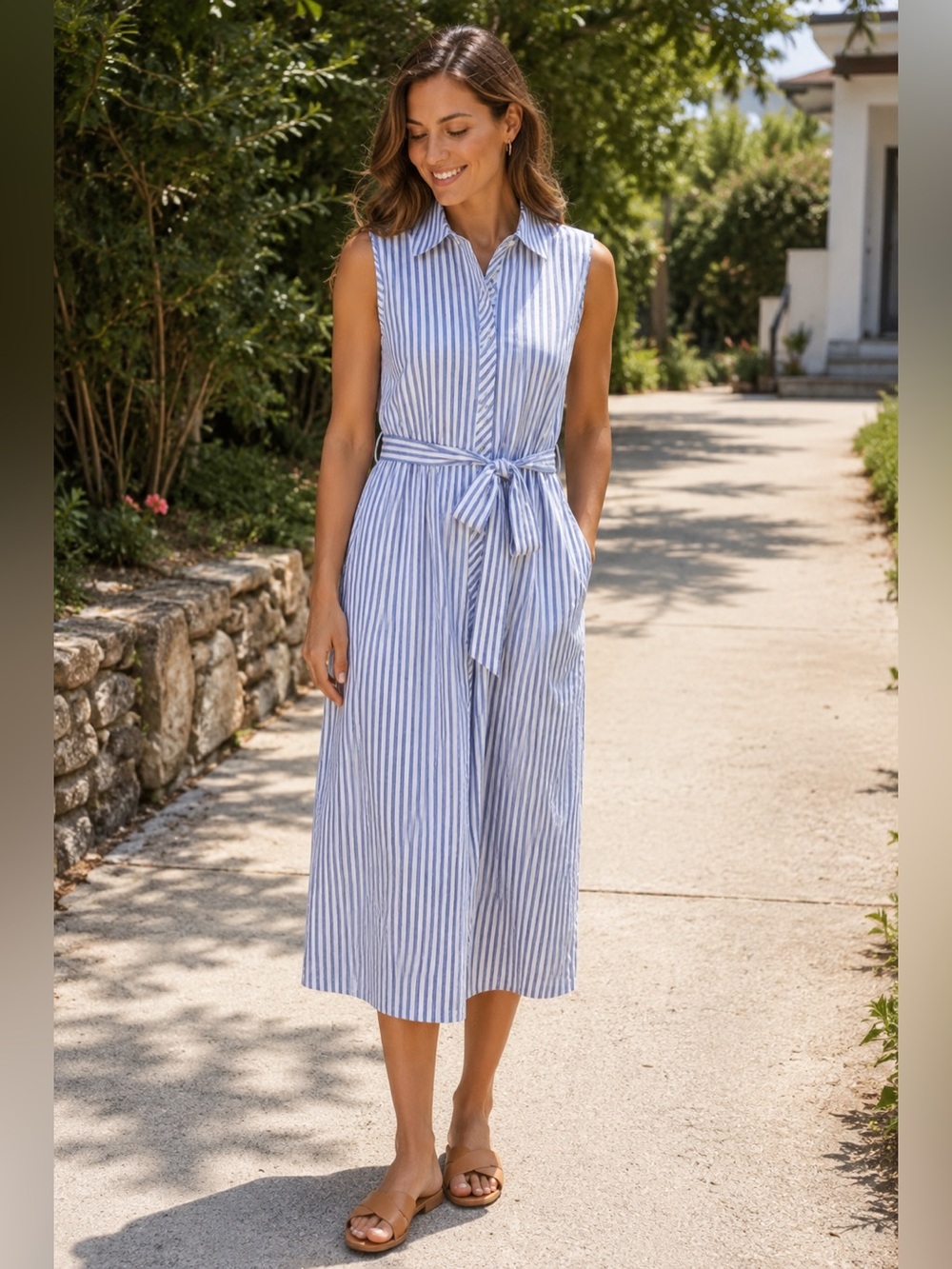 NWT Tommy Hilfiger Sleeveless Blue & White Stripe Dress with Tie Waist! Size 6!